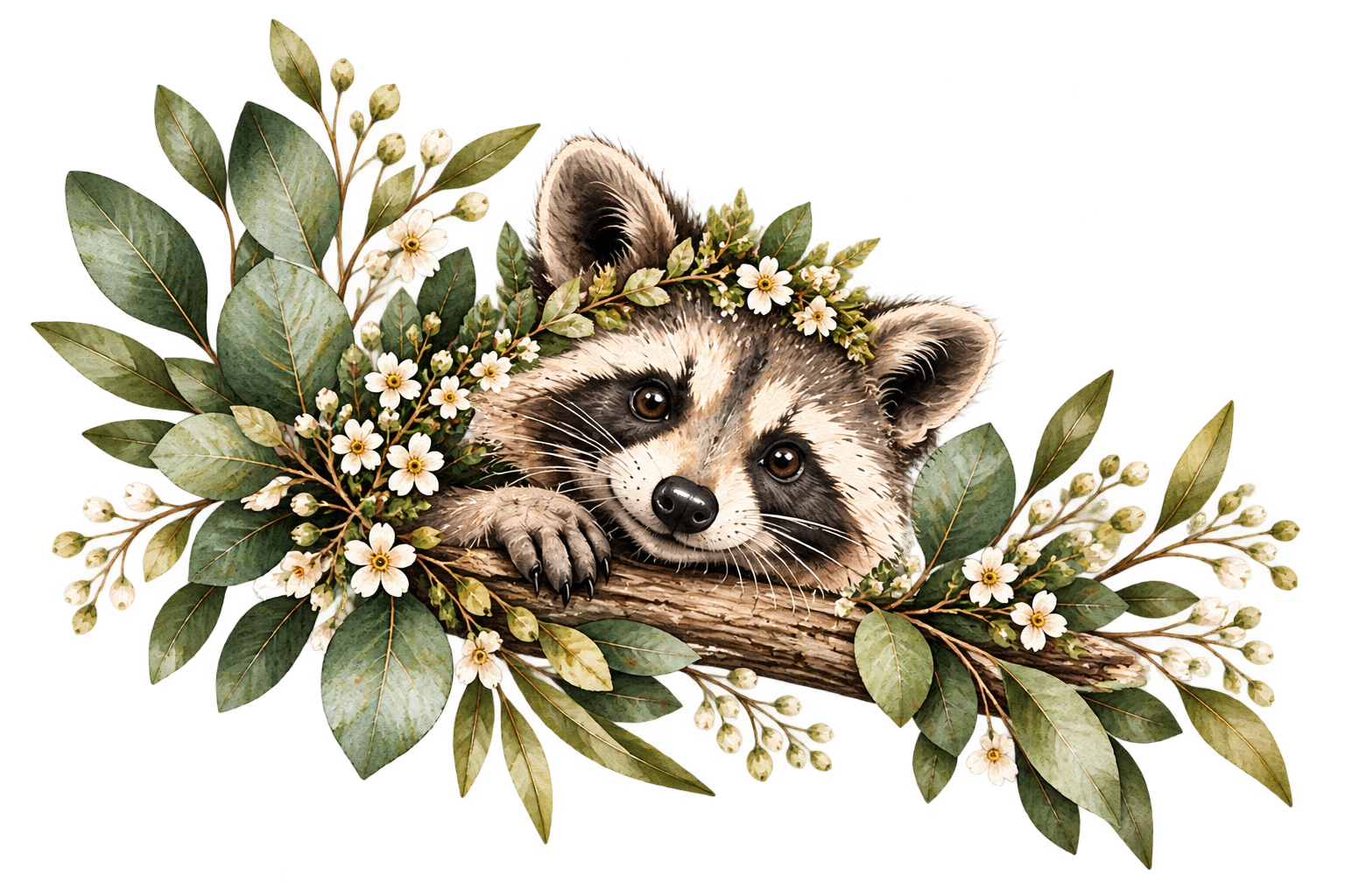 Ein kleiner Waschbär schaut zwischen grünen Blättern und weißen Blüten hervor.